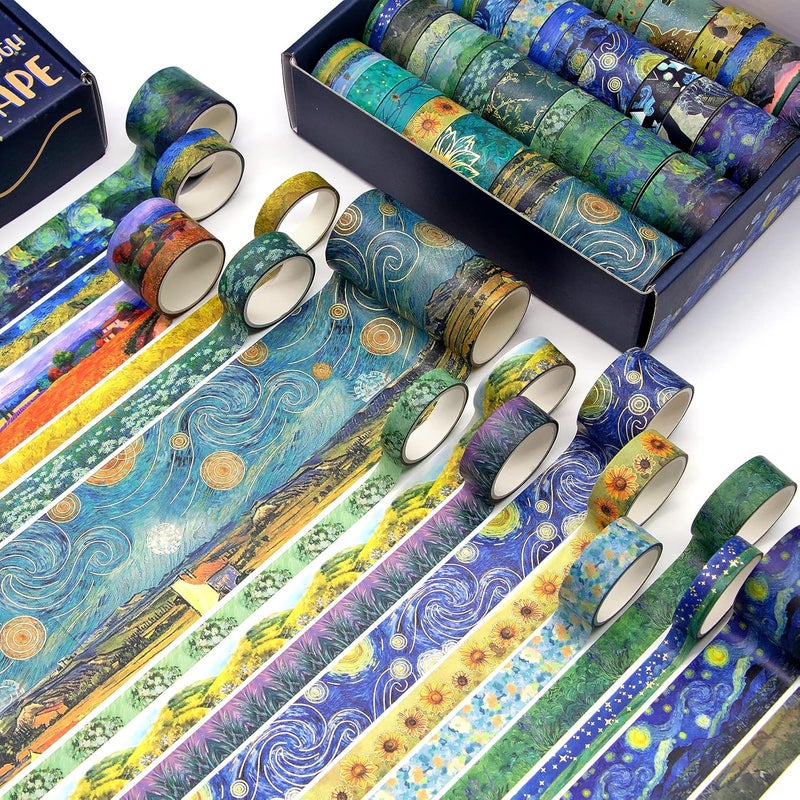 Geesinimo Washi Tape Set, 36 Rolls Van Gogh Vintage Gold Washy Tape, Wide Decorative Tape for Journaling, Scrapbooking Supplies,Vision Board Supplies, 6 Sizes Craft Watercolor Tape - Image 3
